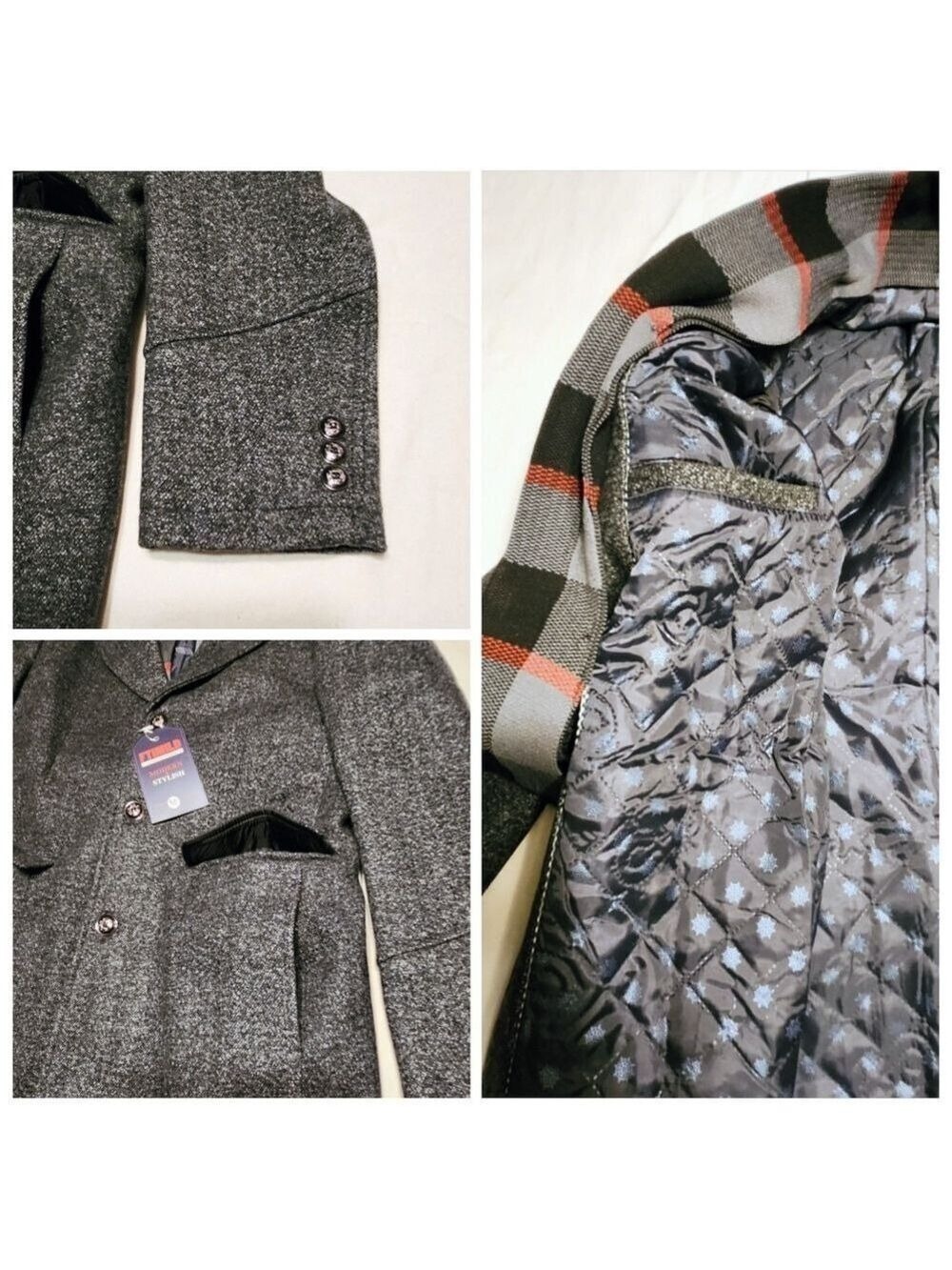 Amazon Wool Blend Plaid Scarf Trench Coat Grey Medium - Picture 6 of 10